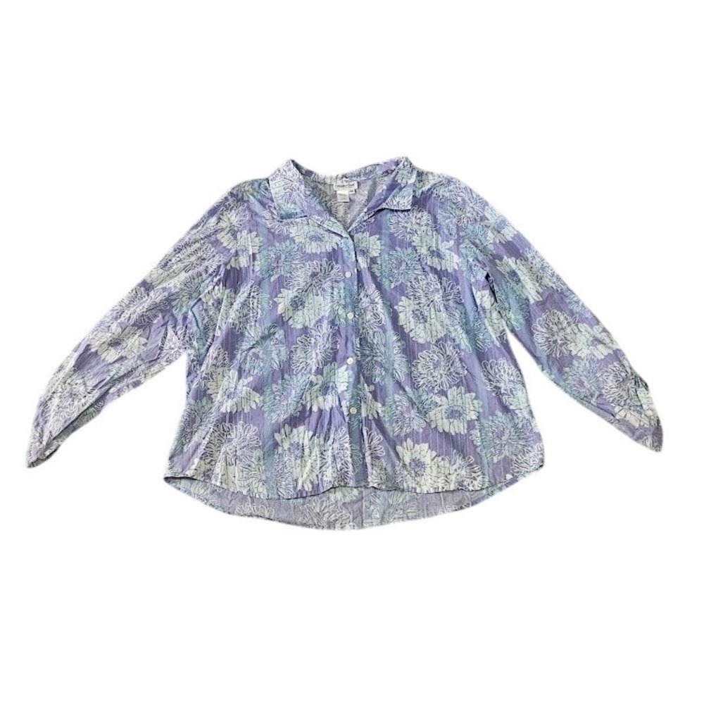Coldwater Creek Floral Cotton Button Up Blouse Women 3X Purple Blue Lightweight